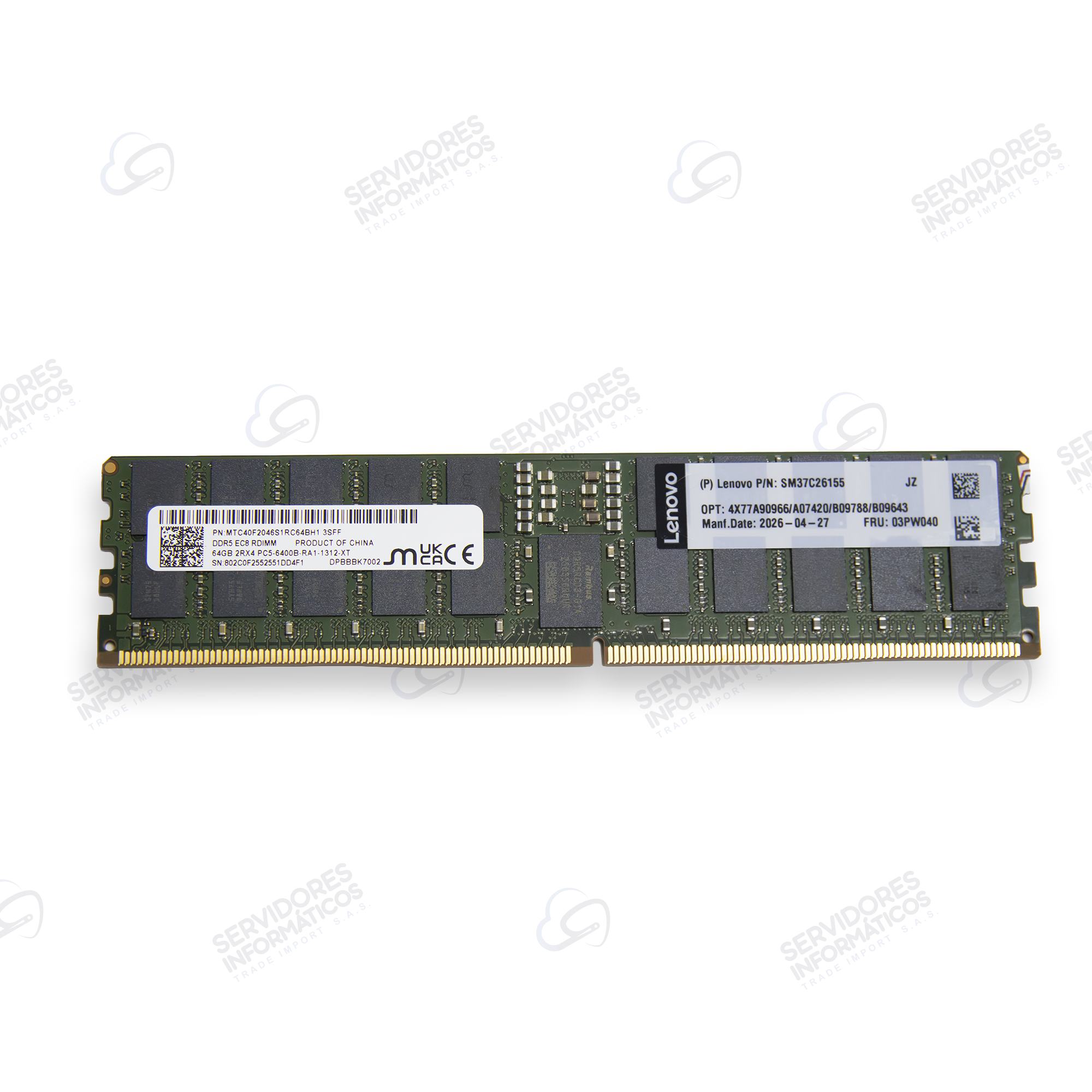 Memoria Servidor Micron LENOVO 4X77A90966 64GB PC5-51200 DDR5-6400 RDIMM